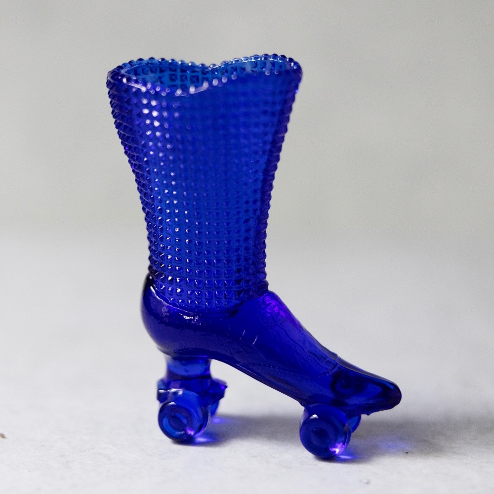 Vintage Degenhart Cobalt Blue Glass Shoe Hobnail Roller Skate Boot 4" Tall